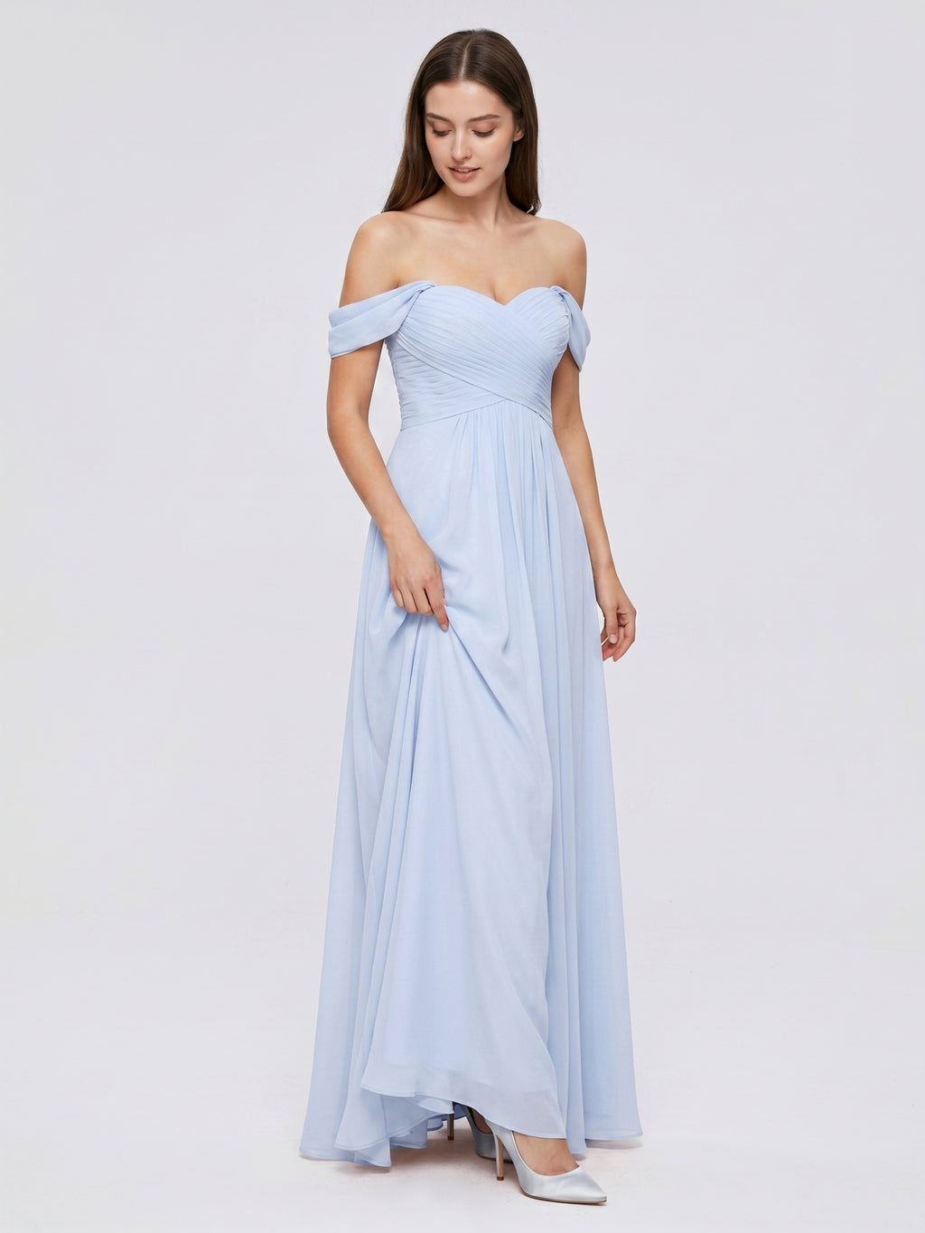 Mist Chiffon A-Line Off-the-Shoulder Backless Floor-Length Bridesmaid Dress with Pleated Details