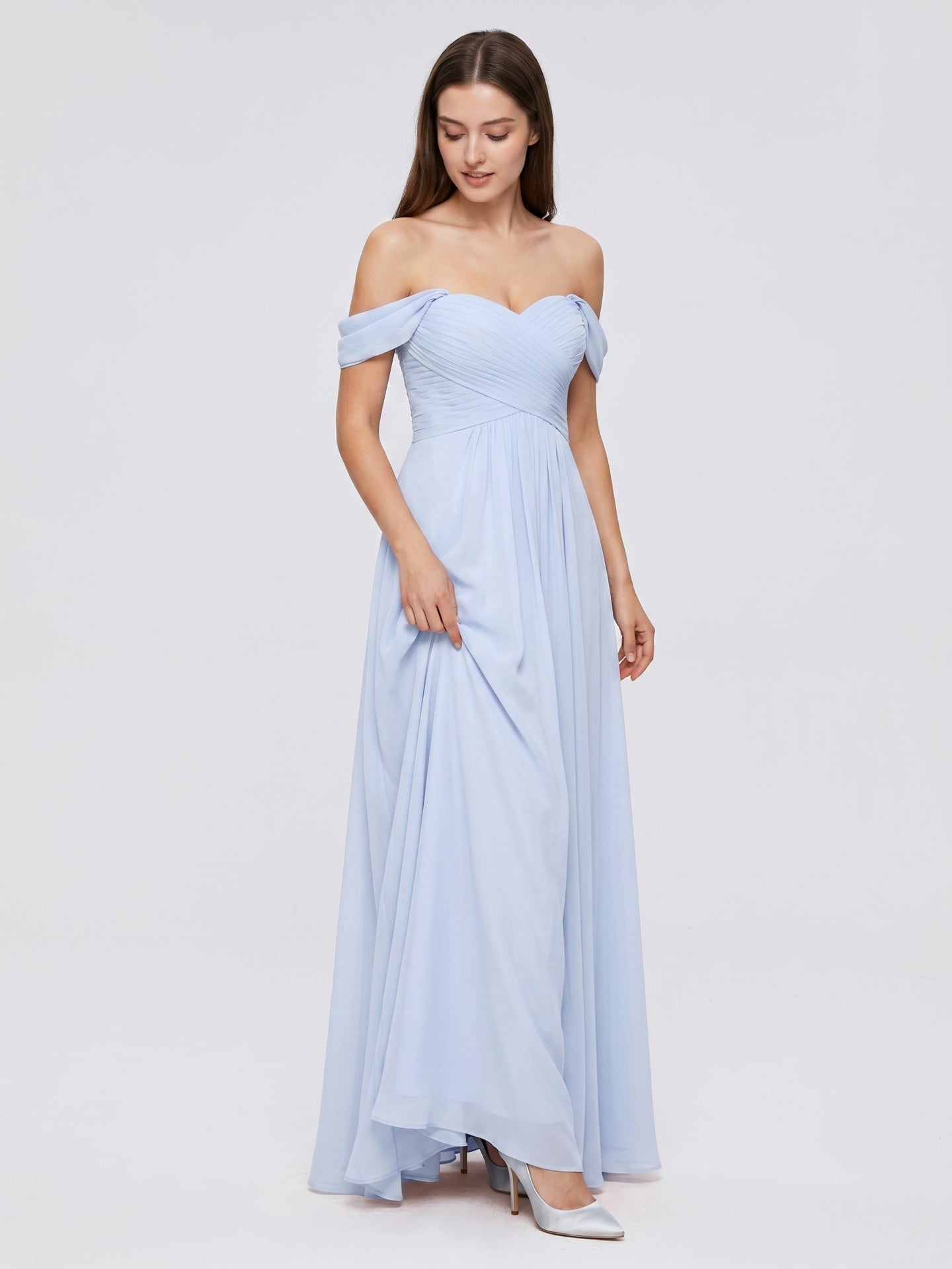 Mist Chiffon A-Line Off-the-Shoulder Backless Floor-Length Bridesmaid Dress with Pleated Details