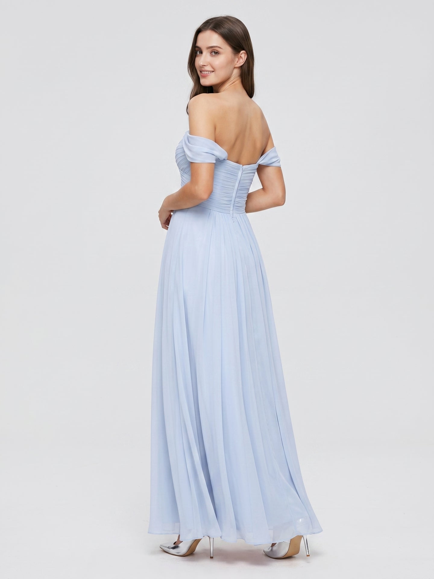Mist Chiffon A-Line Off-the-Shoulder Backless Floor-Length Bridesmaid Dress with Pleated Details