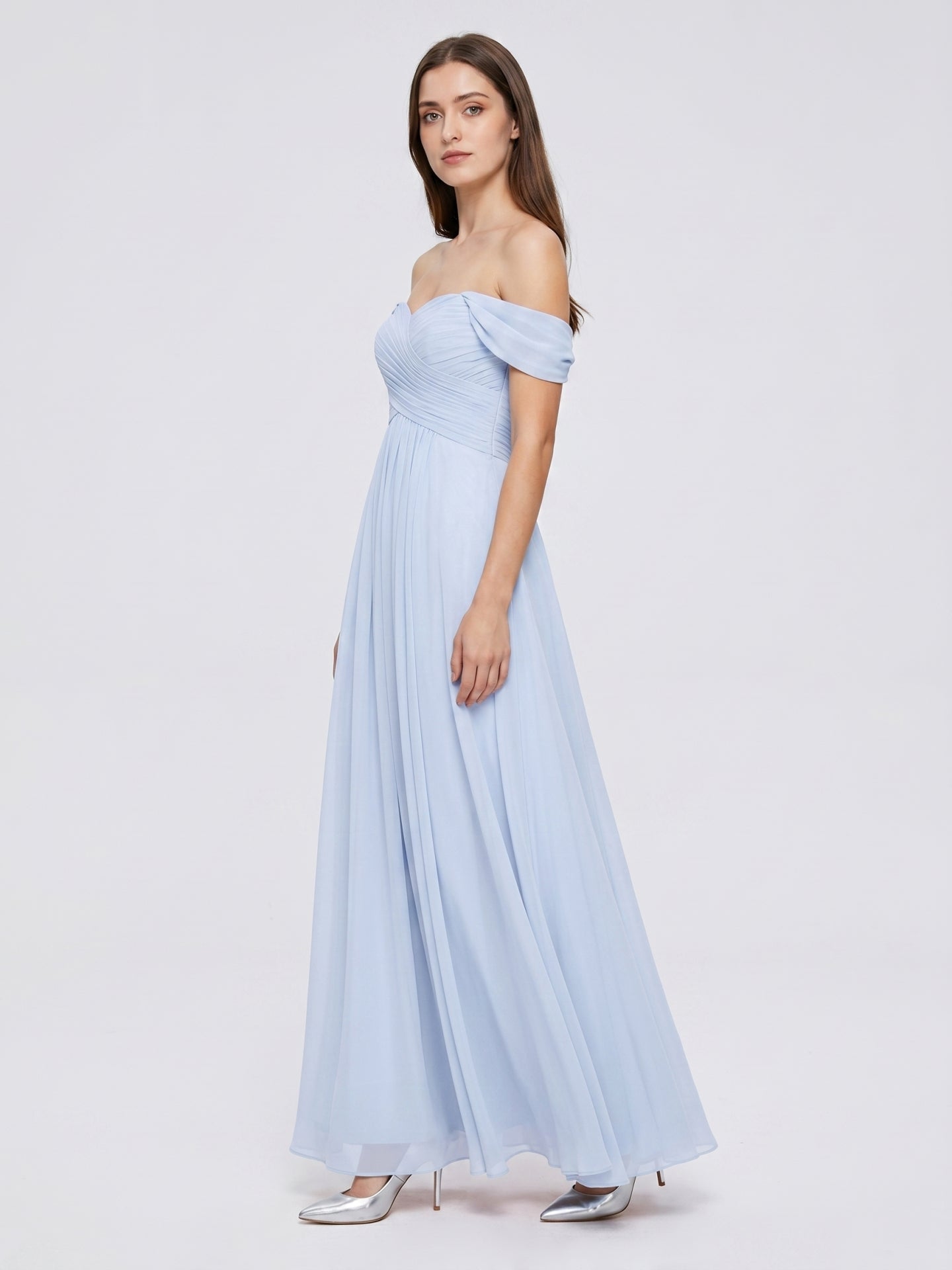 Mist Chiffon A-Line Off-the-Shoulder Backless Floor-Length Bridesmaid Dress with Pleated Details