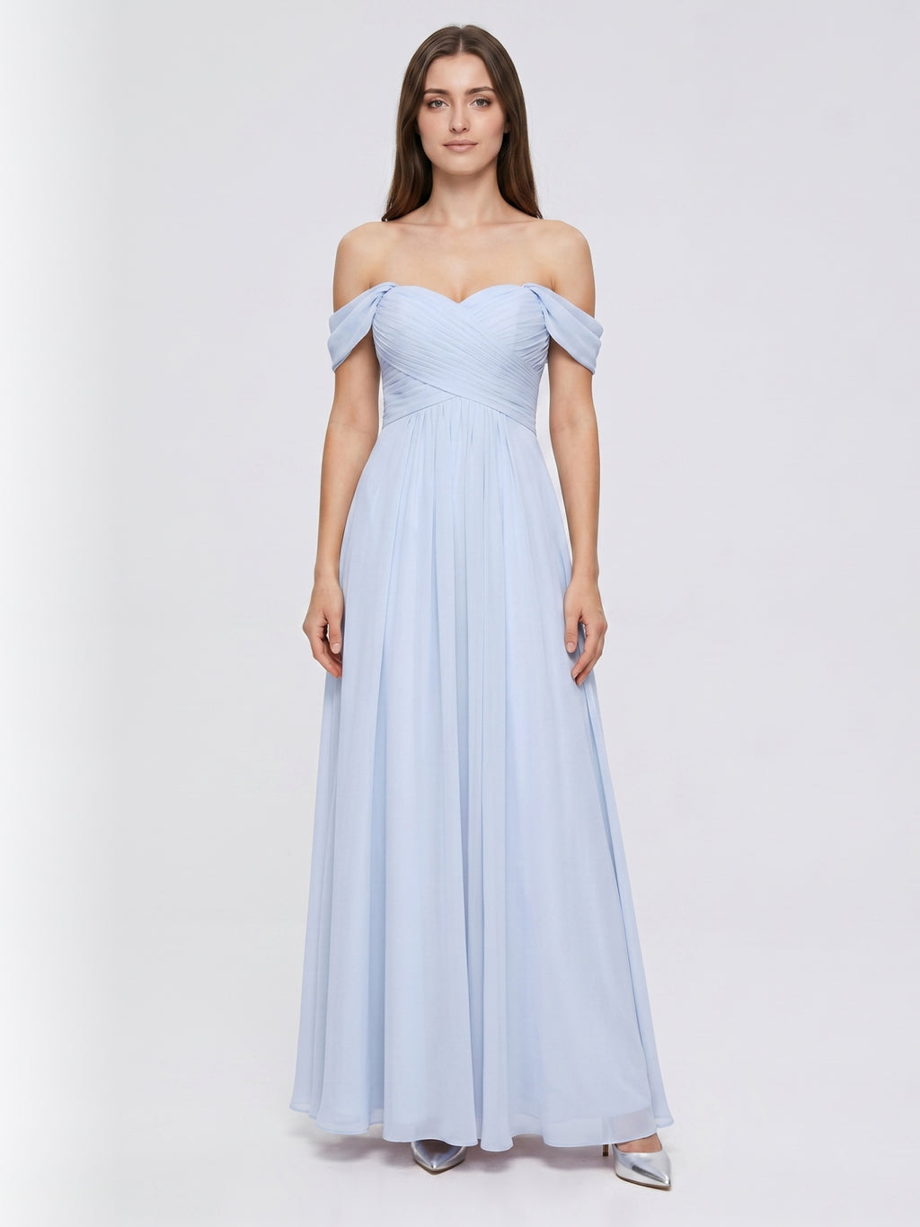Mist Chiffon A-Line Off-the-Shoulder Backless Floor-Length Bridesmaid Dress with Pleated Details