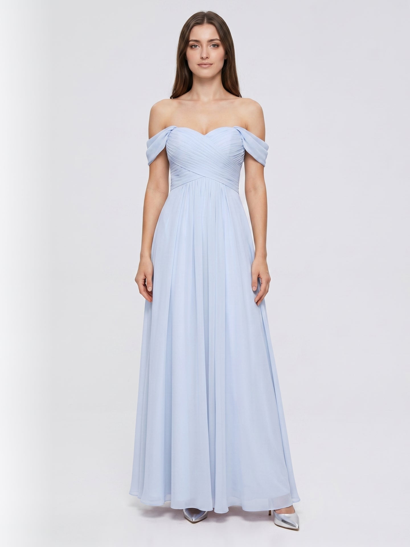 Mist Chiffon A-Line Off-the-Shoulder Backless Floor-Length Bridesmaid Dress with Pleated Details