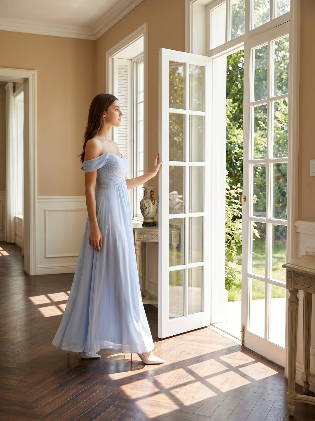Mist Chiffon A-Line Off-the-Shoulder Backless Floor-Length Bridesmaid Dress with Pleated Details
