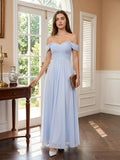 Mist Chiffon A-Line Off-the-Shoulder Backless Floor-Length Bridesmaid Dress with Pleated Details