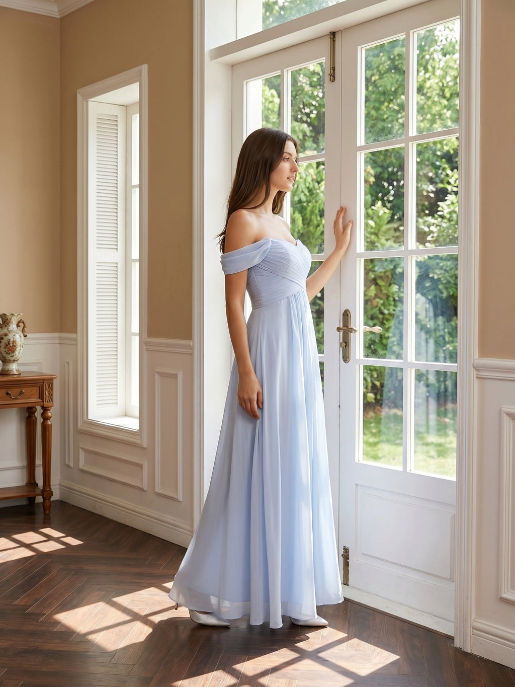 Mist Chiffon A-Line Off-the-Shoulder Backless Floor-Length Bridesmaid Dress with Pleated Details
