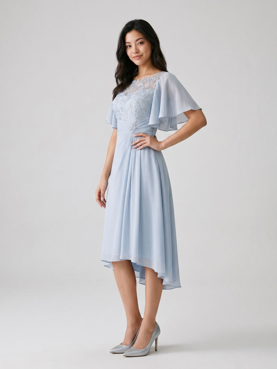 Mist Chiffon A-Line Scoop Neck Asymmetrical Dress with Beading