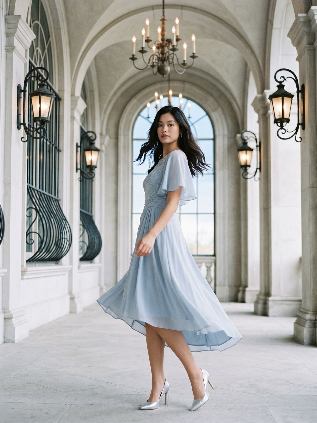 Mist Chiffon A-Line Scoop Neck Asymmetrical Dress with Beading