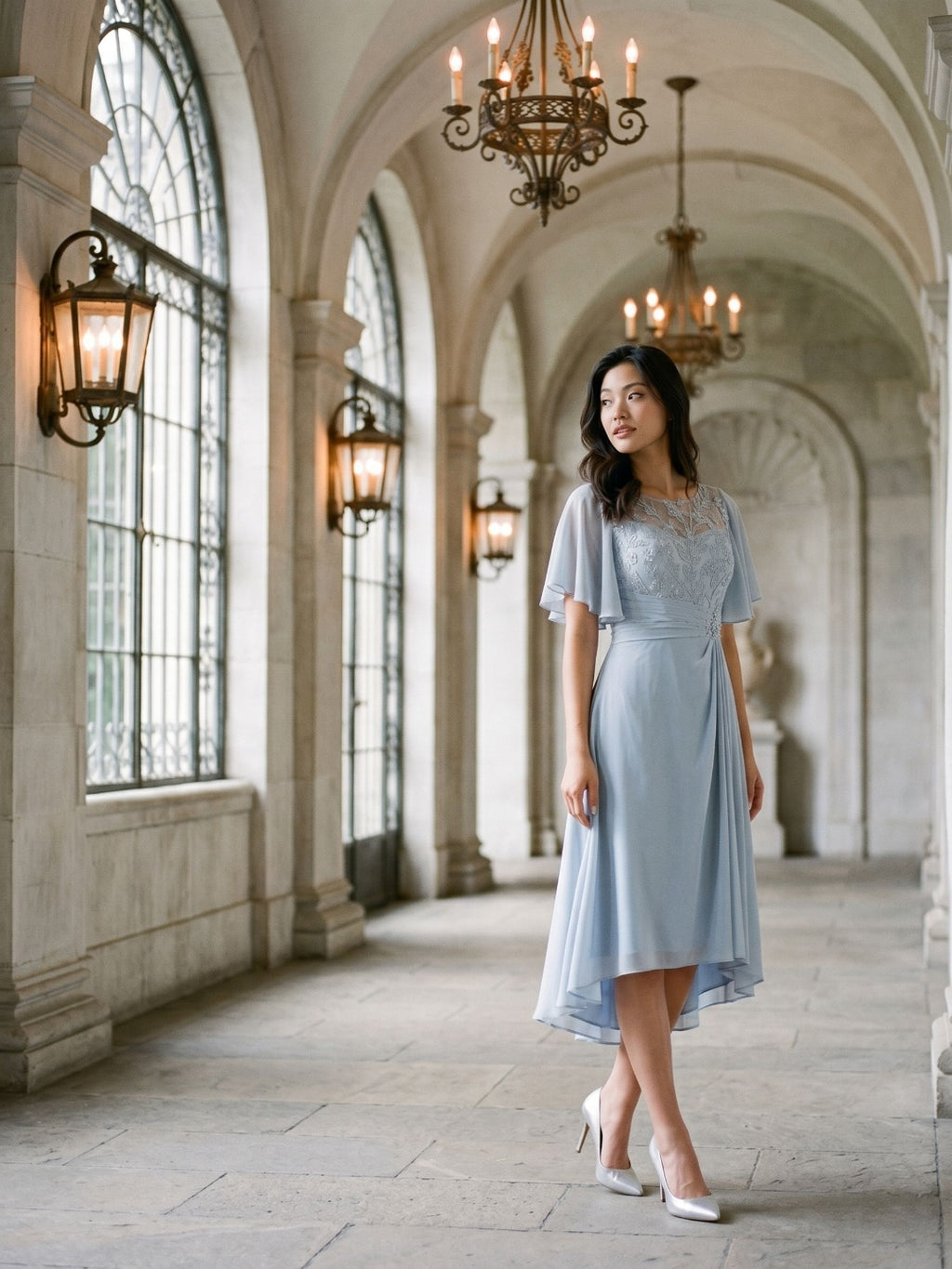 Mist Chiffon A-Line Scoop Neck Asymmetrical Dress with Beading