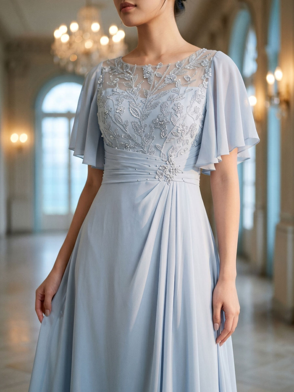 Mist Chiffon A-Line Scoop Neck Asymmetrical Dress with Beading
