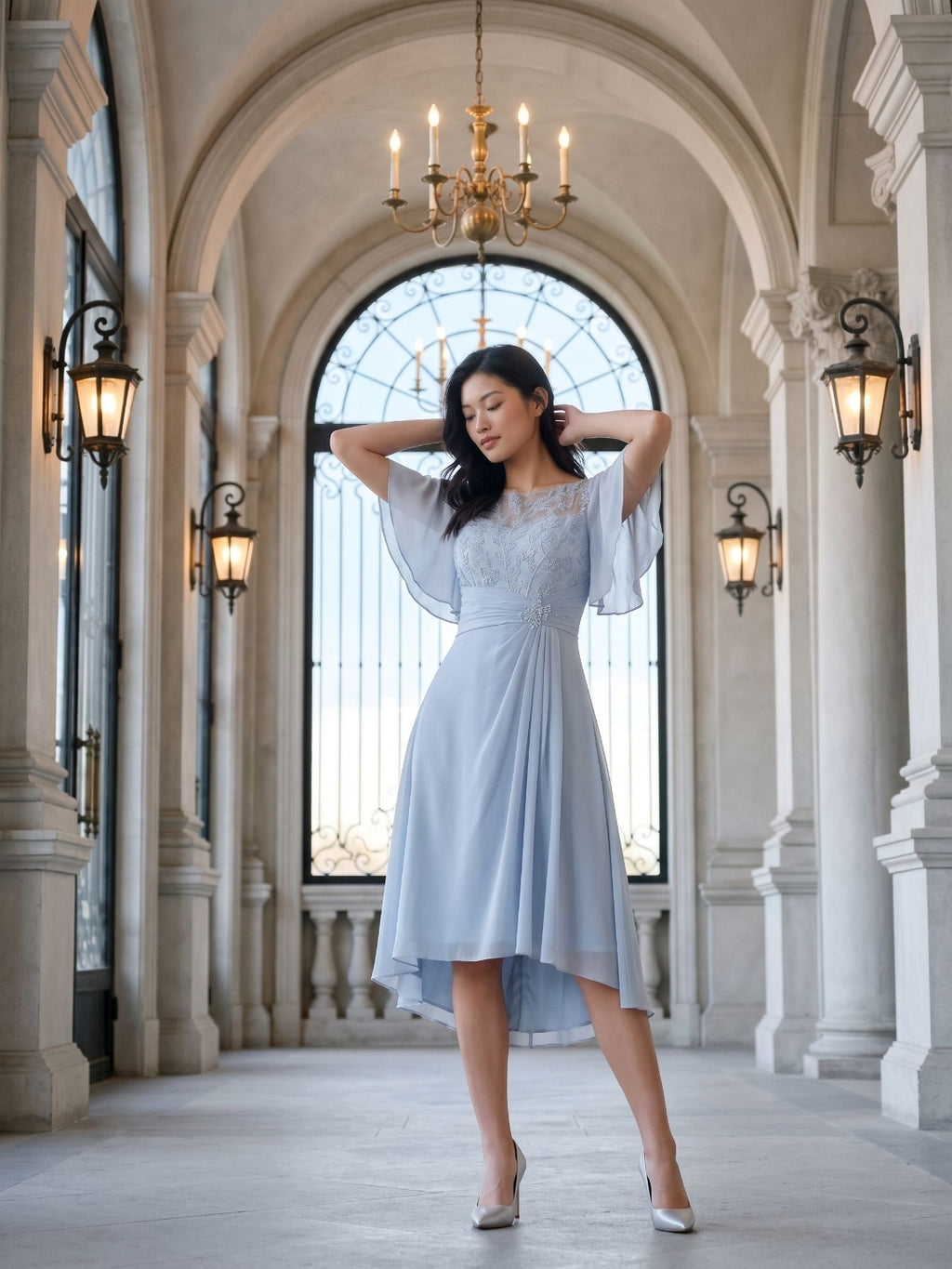 Mist Chiffon A-Line Scoop Neck Asymmetrical Dress with Beading