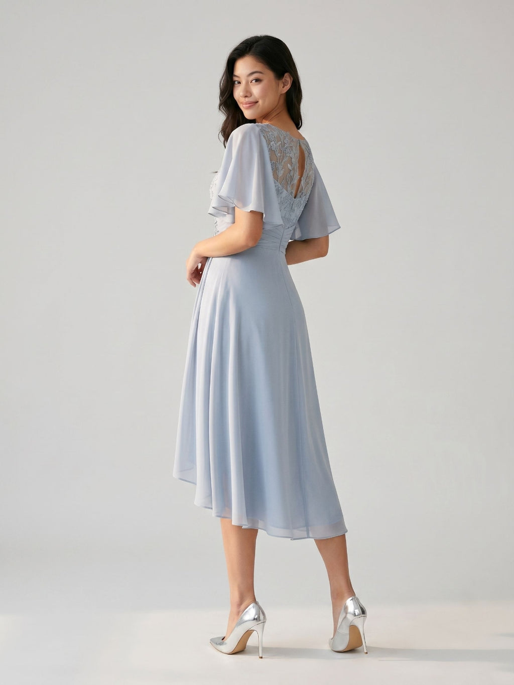 Mist Chiffon A-Line Scoop Neck Asymmetrical Dress with Beading