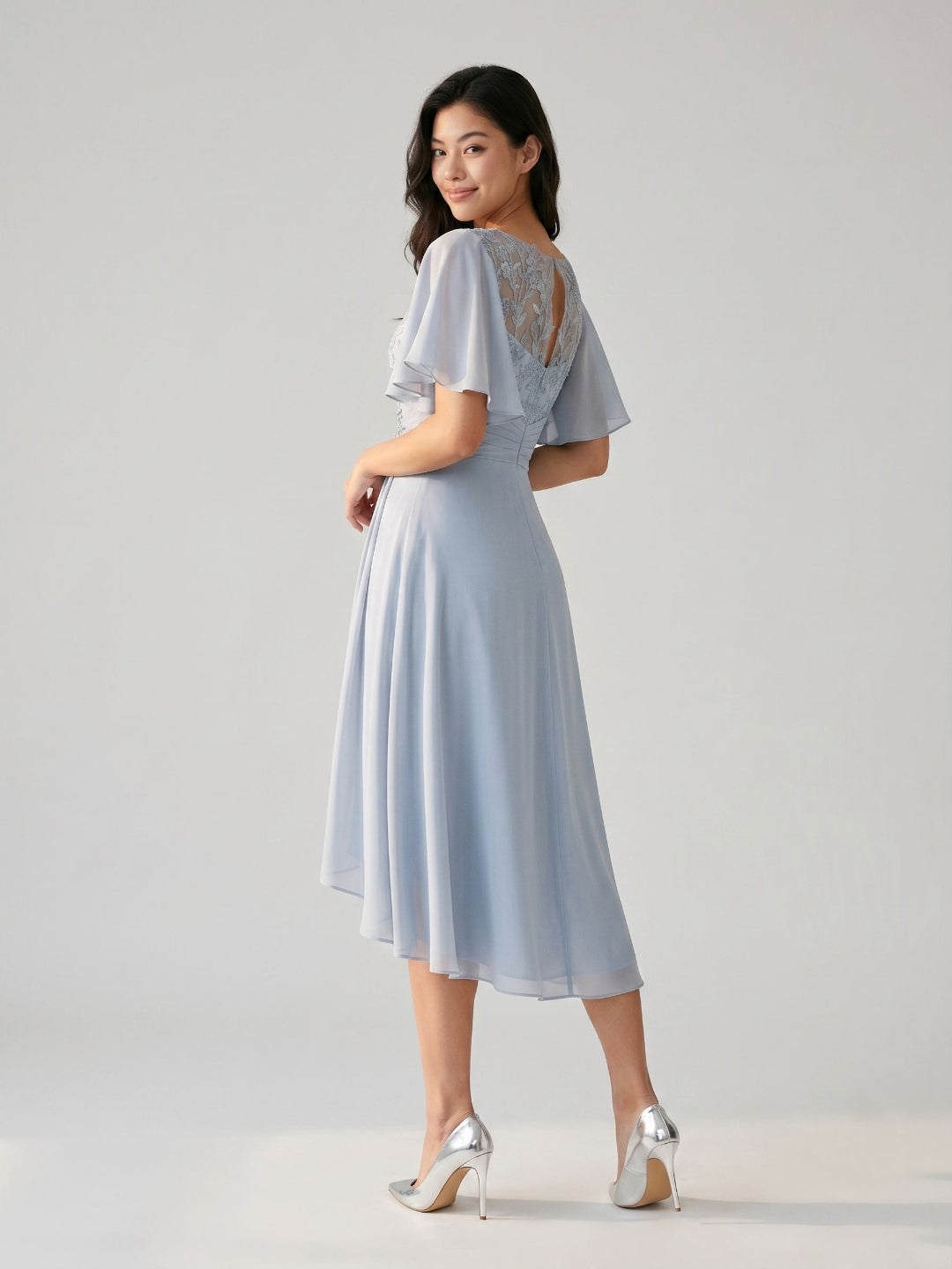 Mist Chiffon A-Line Scoop Neck Asymmetrical Dress with Beading