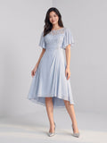 Mist Chiffon A-Line Scoop Neck Asymmetrical Dress with Beading