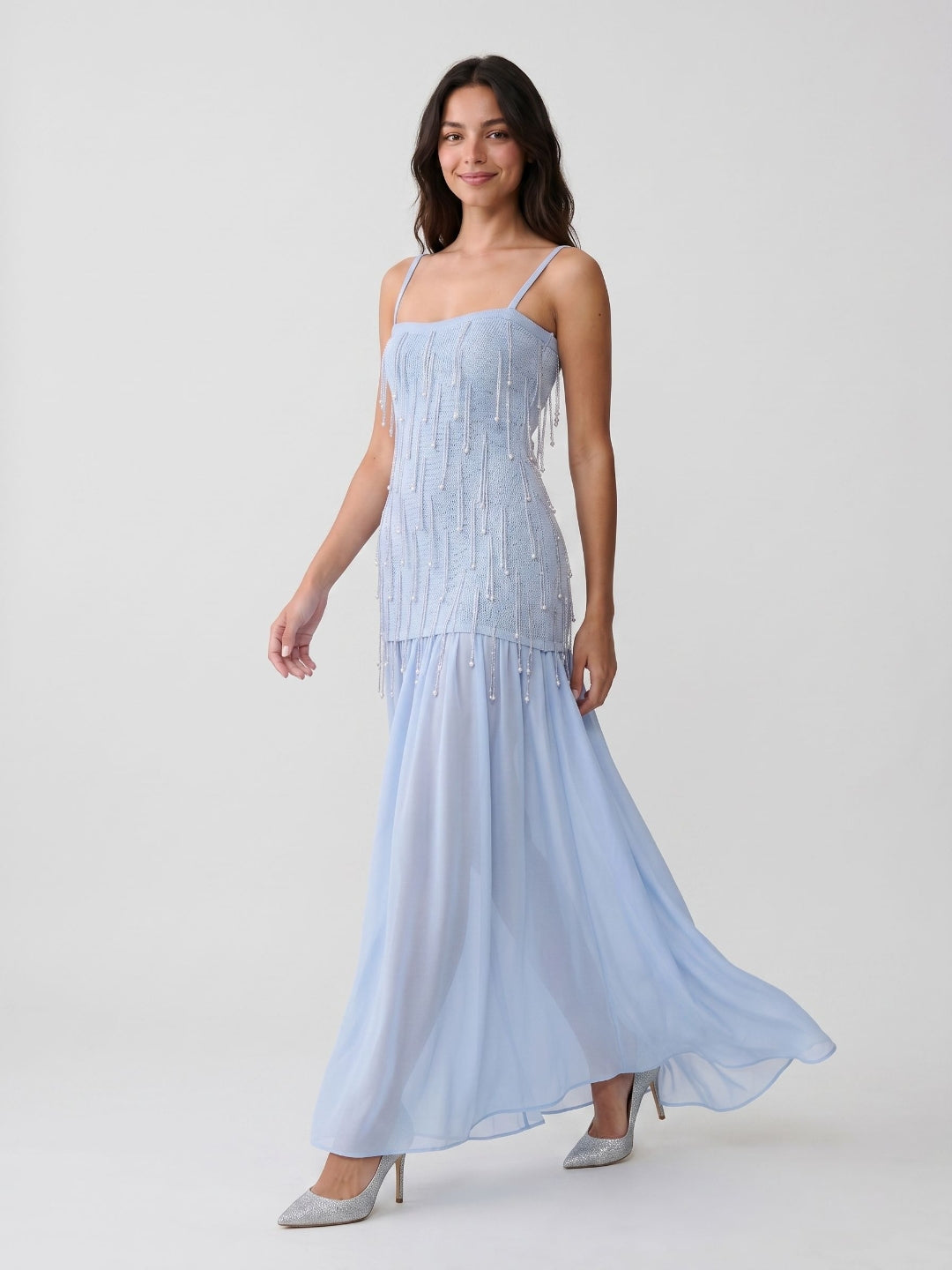 Mist Chiffon A-Line Square Neck Floor-Length Evening Dress with Sequins