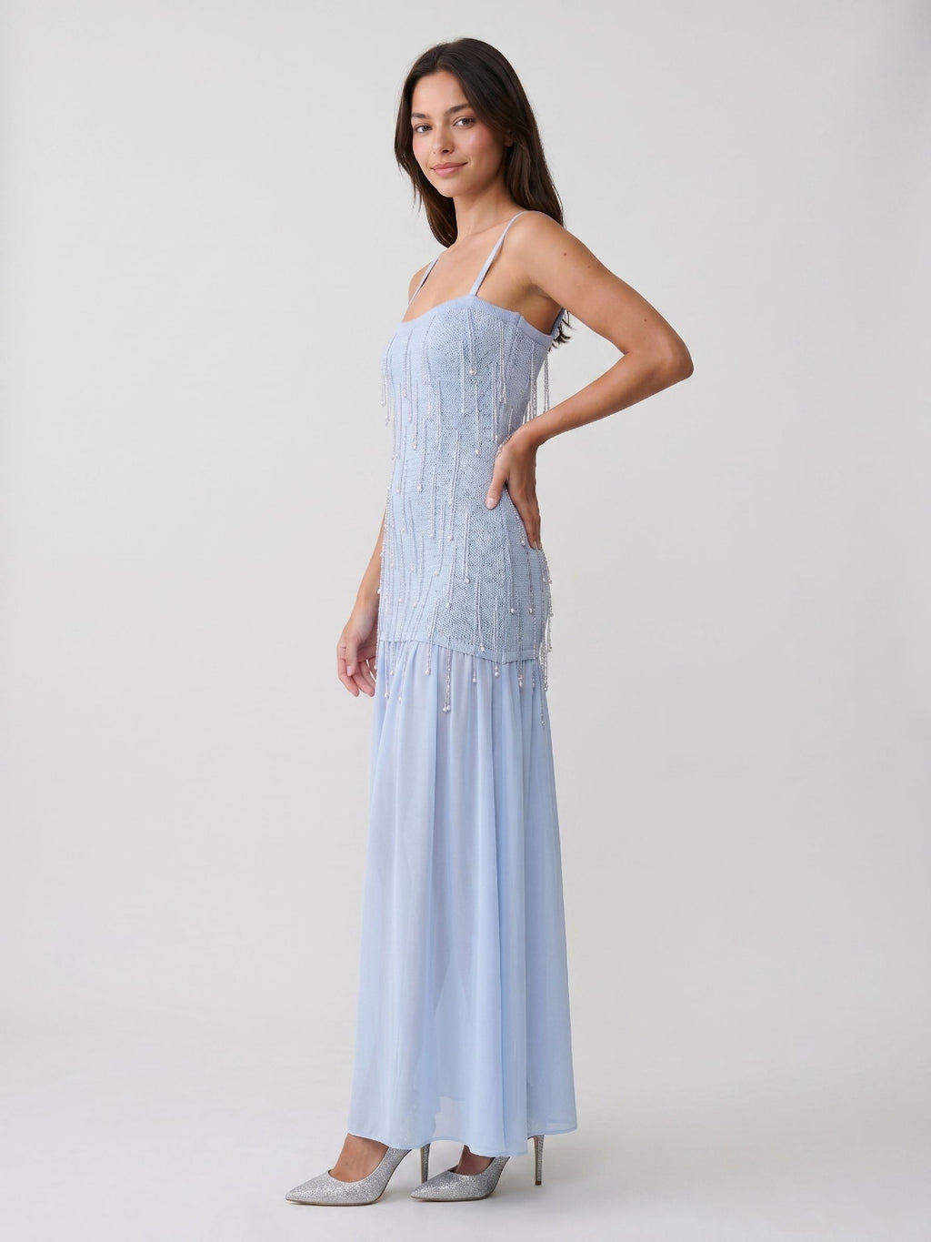 Mist Chiffon A-Line Square Neck Floor-Length Evening Dress with Sequins