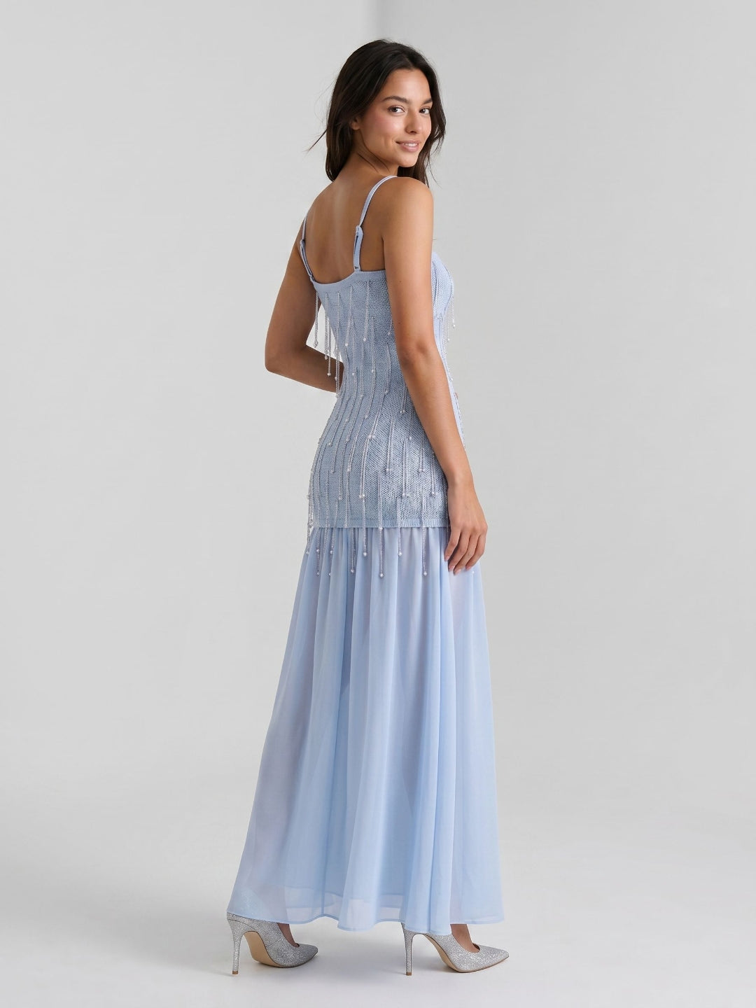 Mist Chiffon A-Line Square Neck Floor-Length Evening Dress with Sequins
