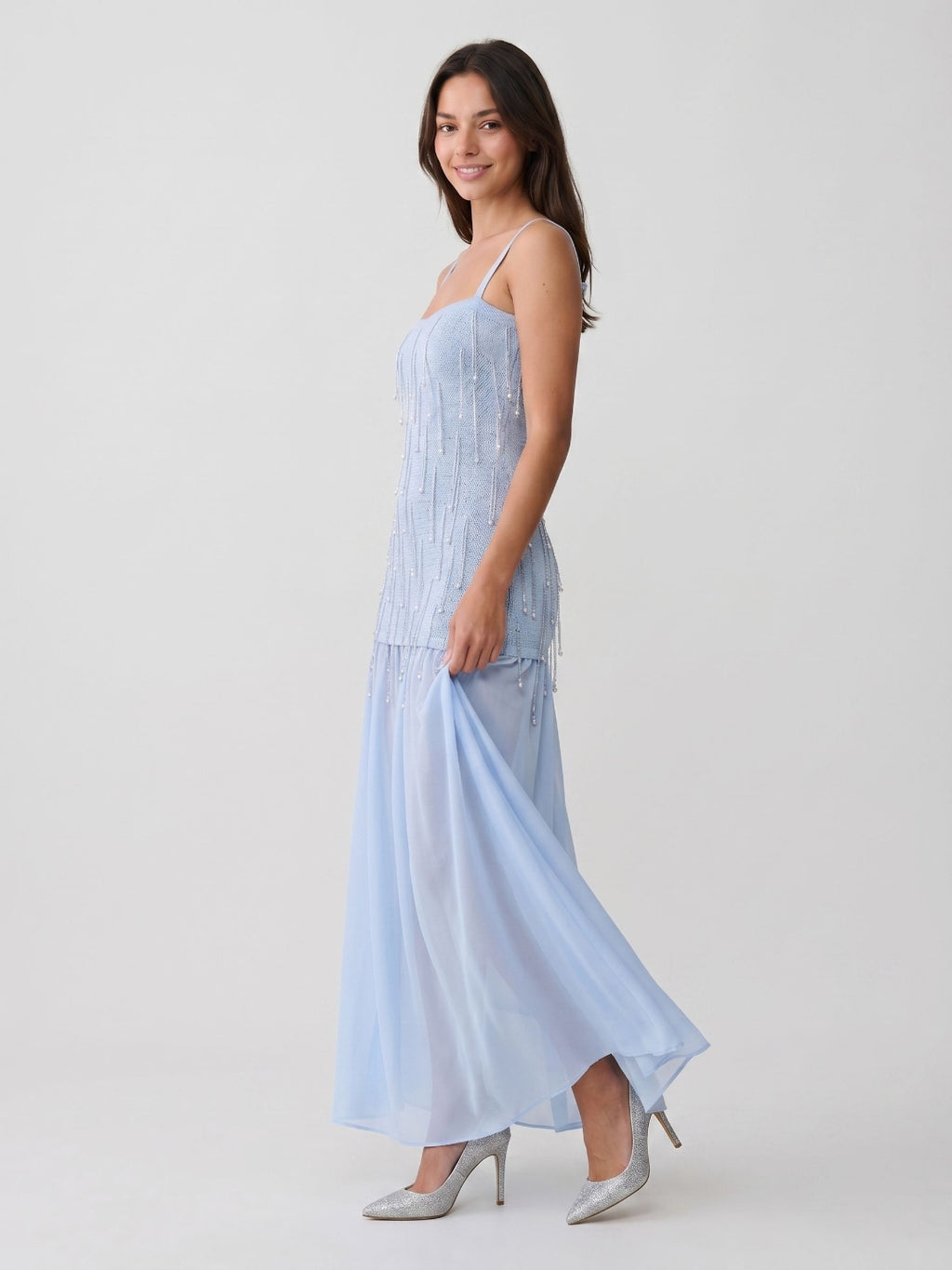 Mist Chiffon A-Line Square Neck Floor-Length Evening Dress with Sequins