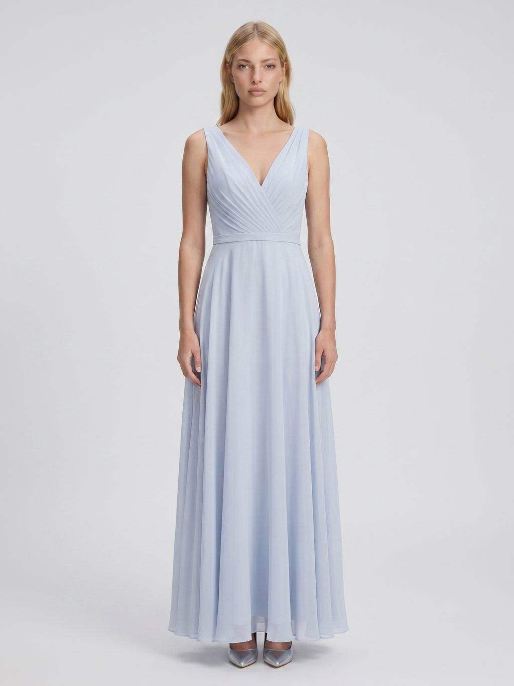 Mist Chiffon A-Line V-Neck V-Back Floor-Length Bridesmaid Dress with Pleated Details