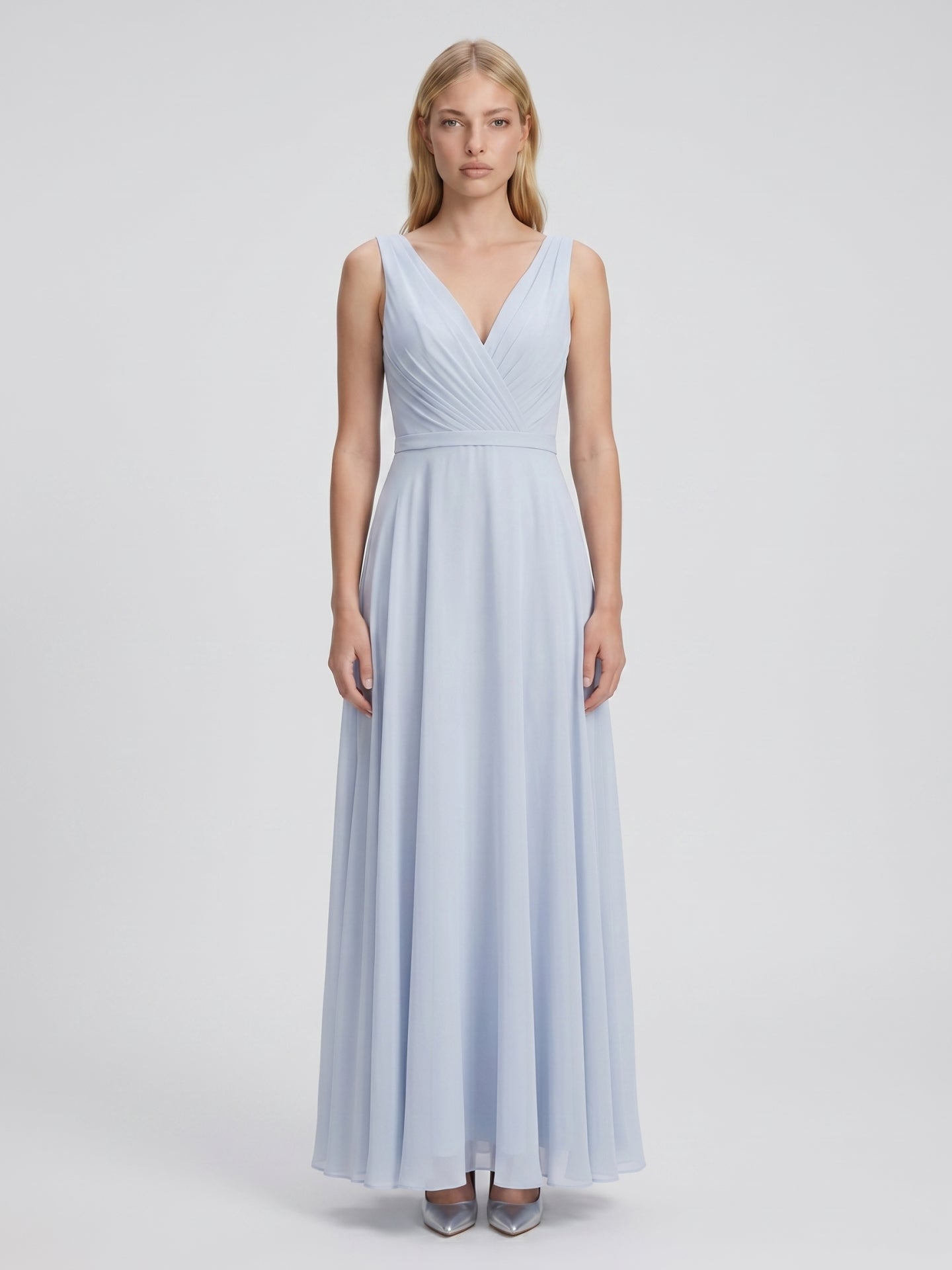 Mist Chiffon A-Line V-Neck V-Back Floor-Length Bridesmaid Dress with Pleated Details