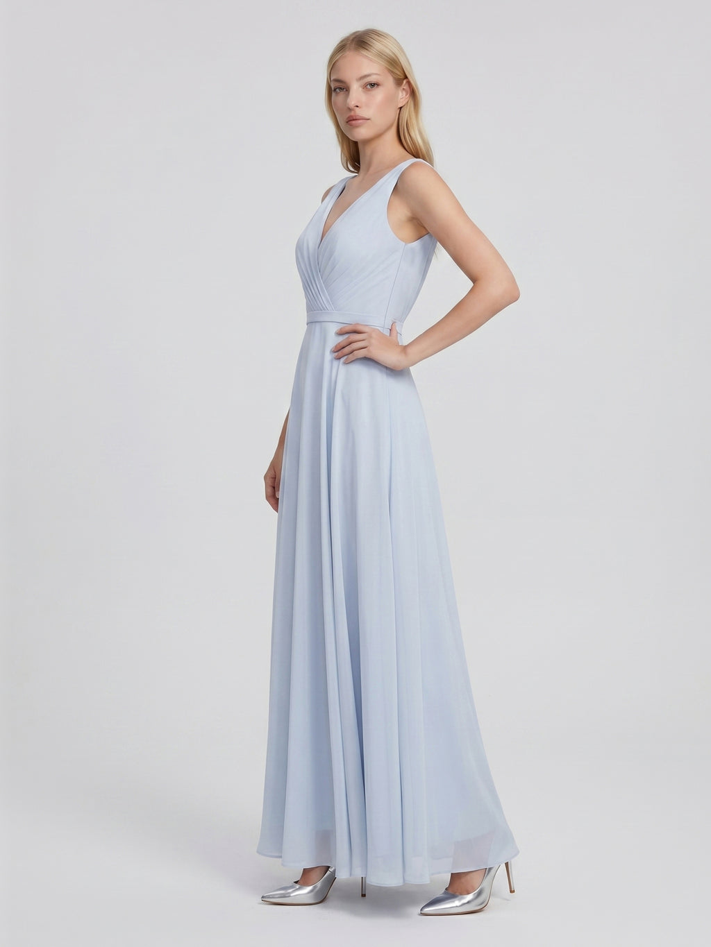 Mist Chiffon A-Line V-Neck V-Back Floor-Length Bridesmaid Dress with Pleated Details