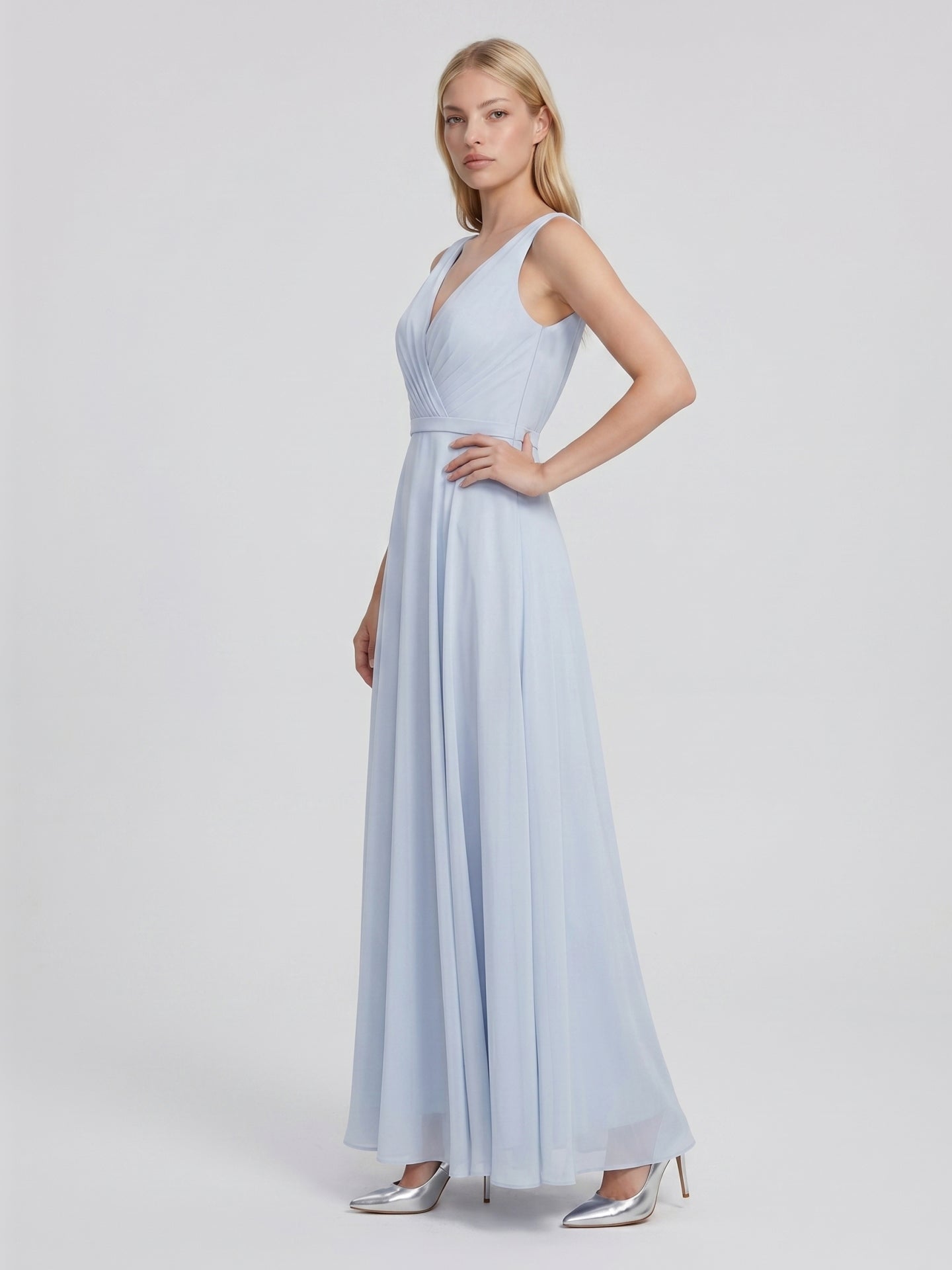 Mist Chiffon A-Line V-Neck V-Back Floor-Length Bridesmaid Dress with Pleated Details