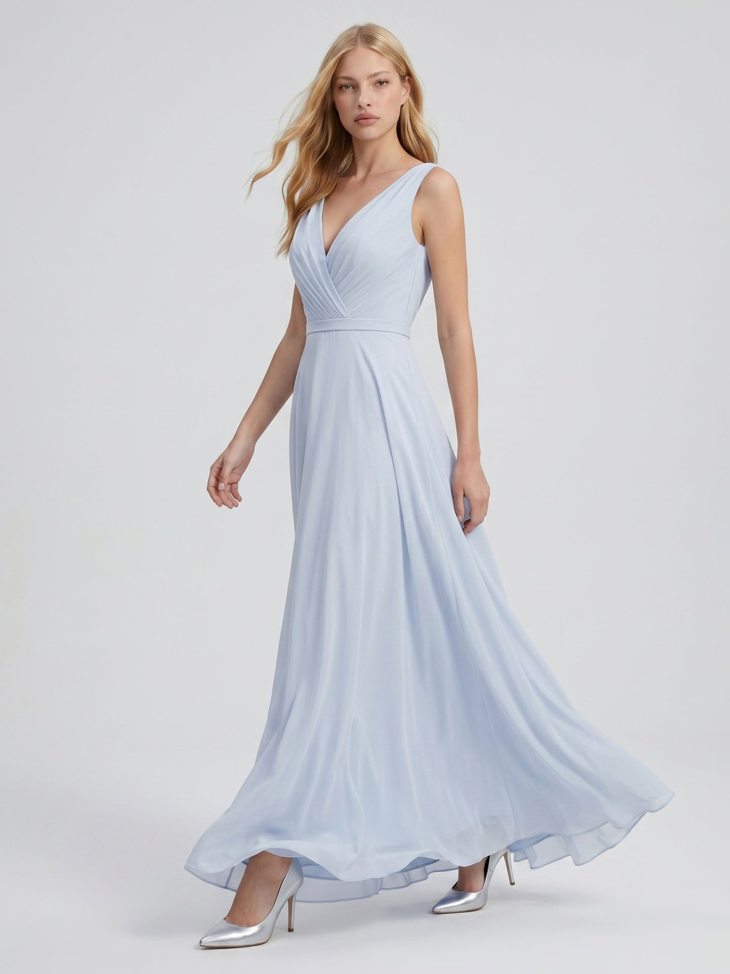 Mist Chiffon A-Line V-Neck V-Back Floor-Length Bridesmaid Dress with Pleated Details