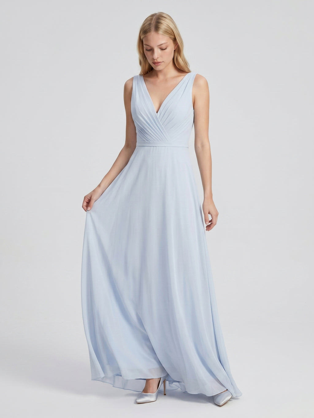 Mist Chiffon A-Line V-Neck V-Back Floor-Length Bridesmaid Dress with Pleated Details