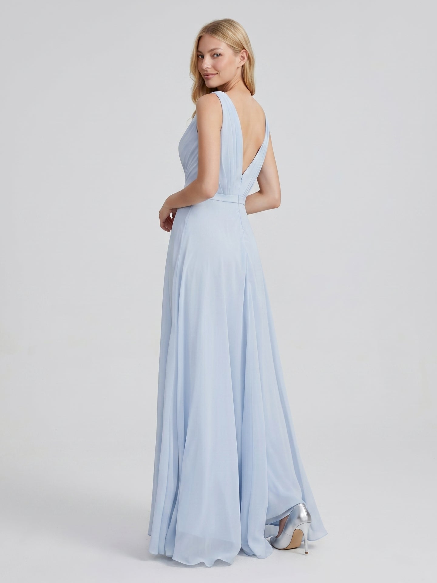 Mist Chiffon A-Line V-Neck V-Back Floor-Length Bridesmaid Dress with Pleated Details