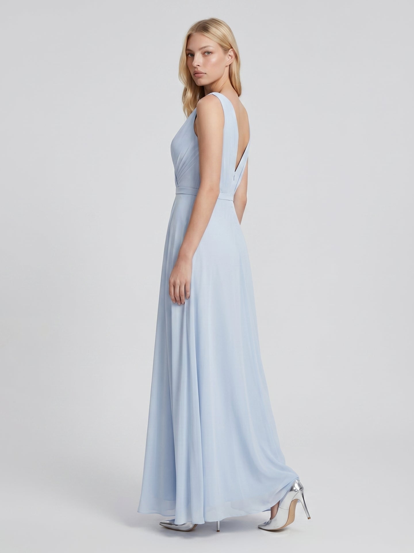 Mist Chiffon A-Line V-Neck V-Back Floor-Length Bridesmaid Dress with Pleated Details
