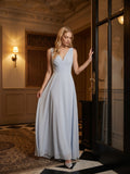 Mist Chiffon A-Line V-Neck V-Back Floor-Length Bridesmaid Dress with Pleated Details