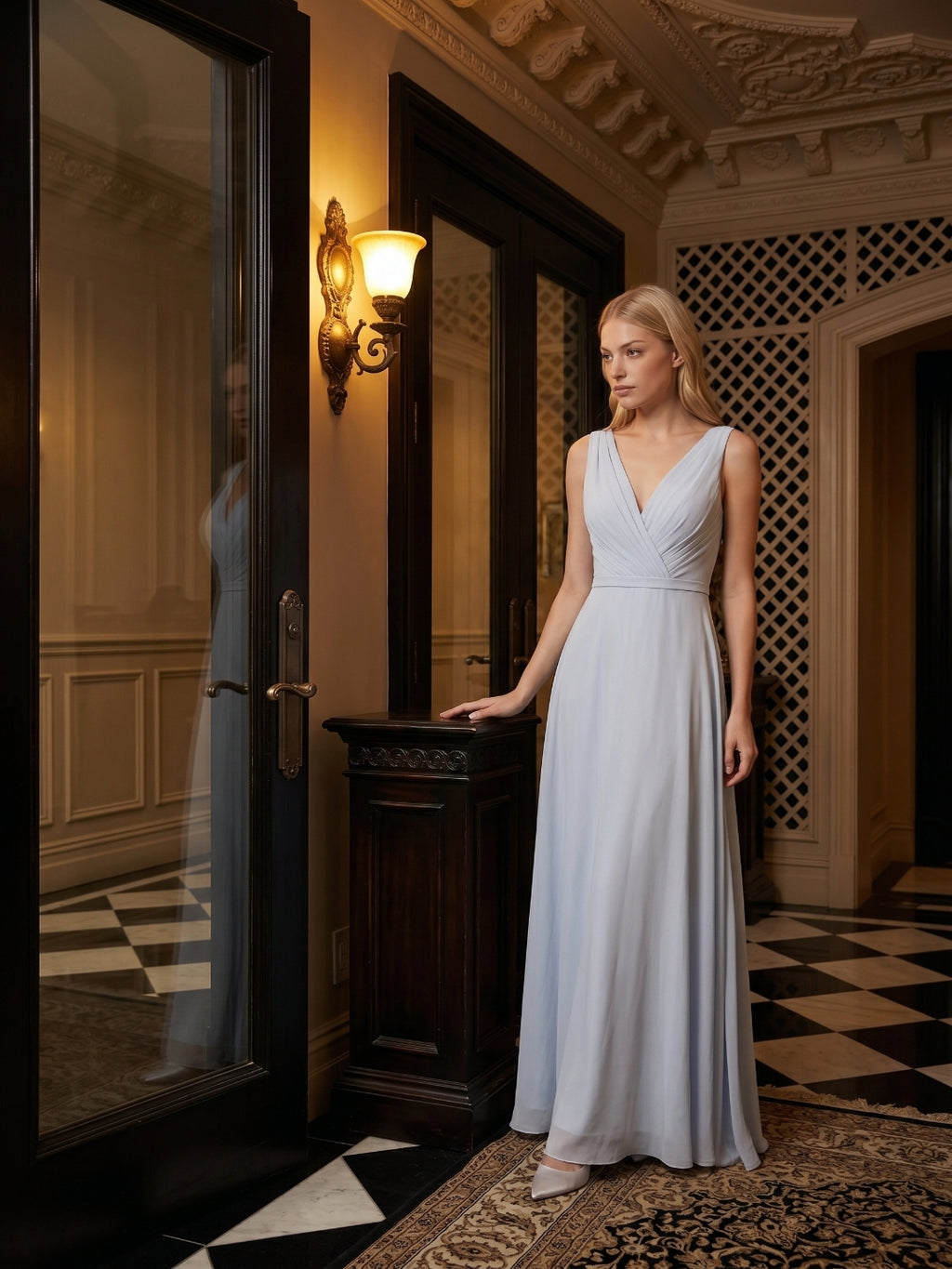 Mist Chiffon A-Line V-Neck V-Back Floor-Length Bridesmaid Dress with Pleated Details