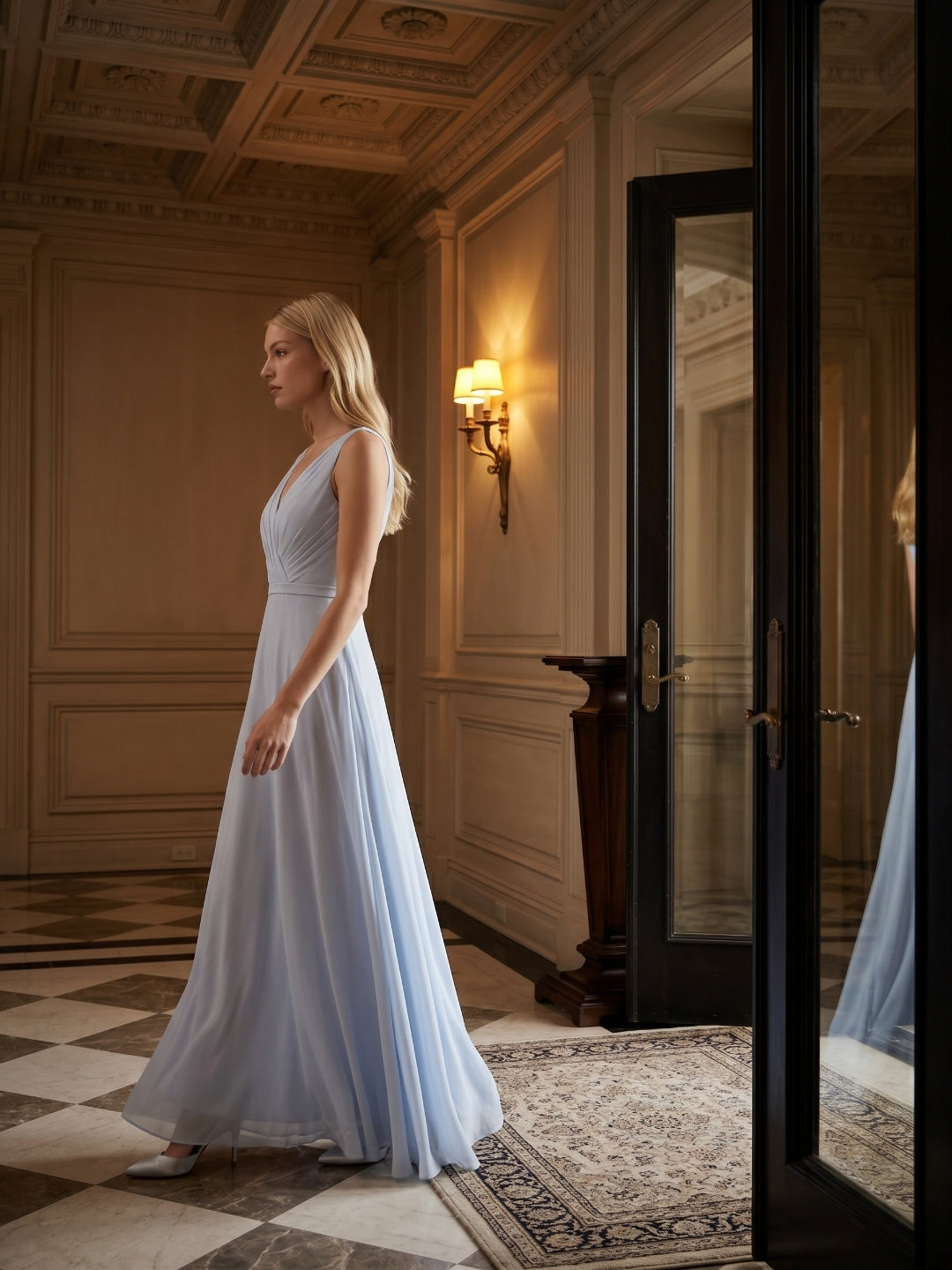 Mist Chiffon A-Line V-Neck V-Back Floor-Length Bridesmaid Dress with Pleated Details