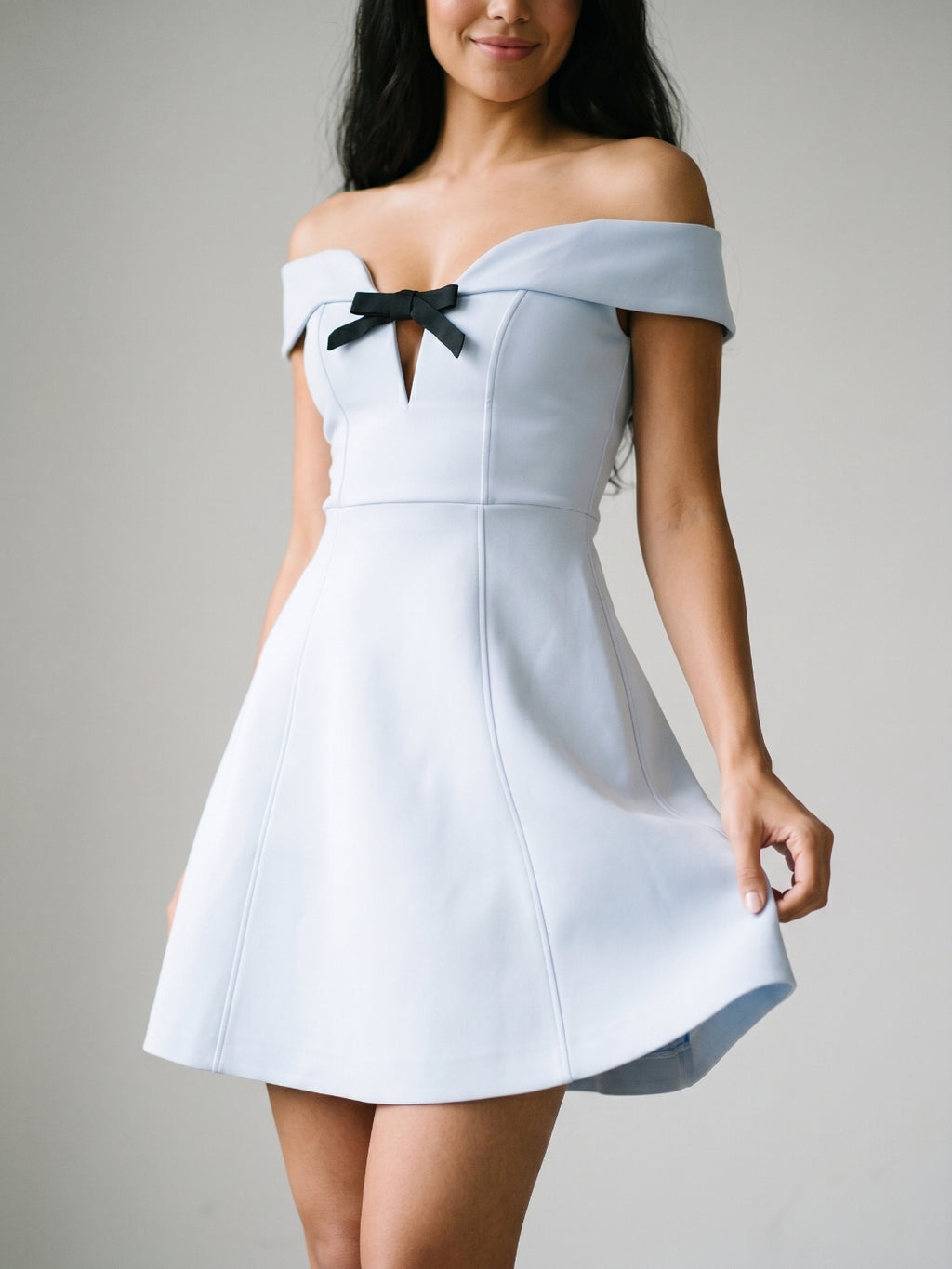 Mist Matte Satin A-Line Off-the-Shoulder Backless Short Homecoming Dress with Bow