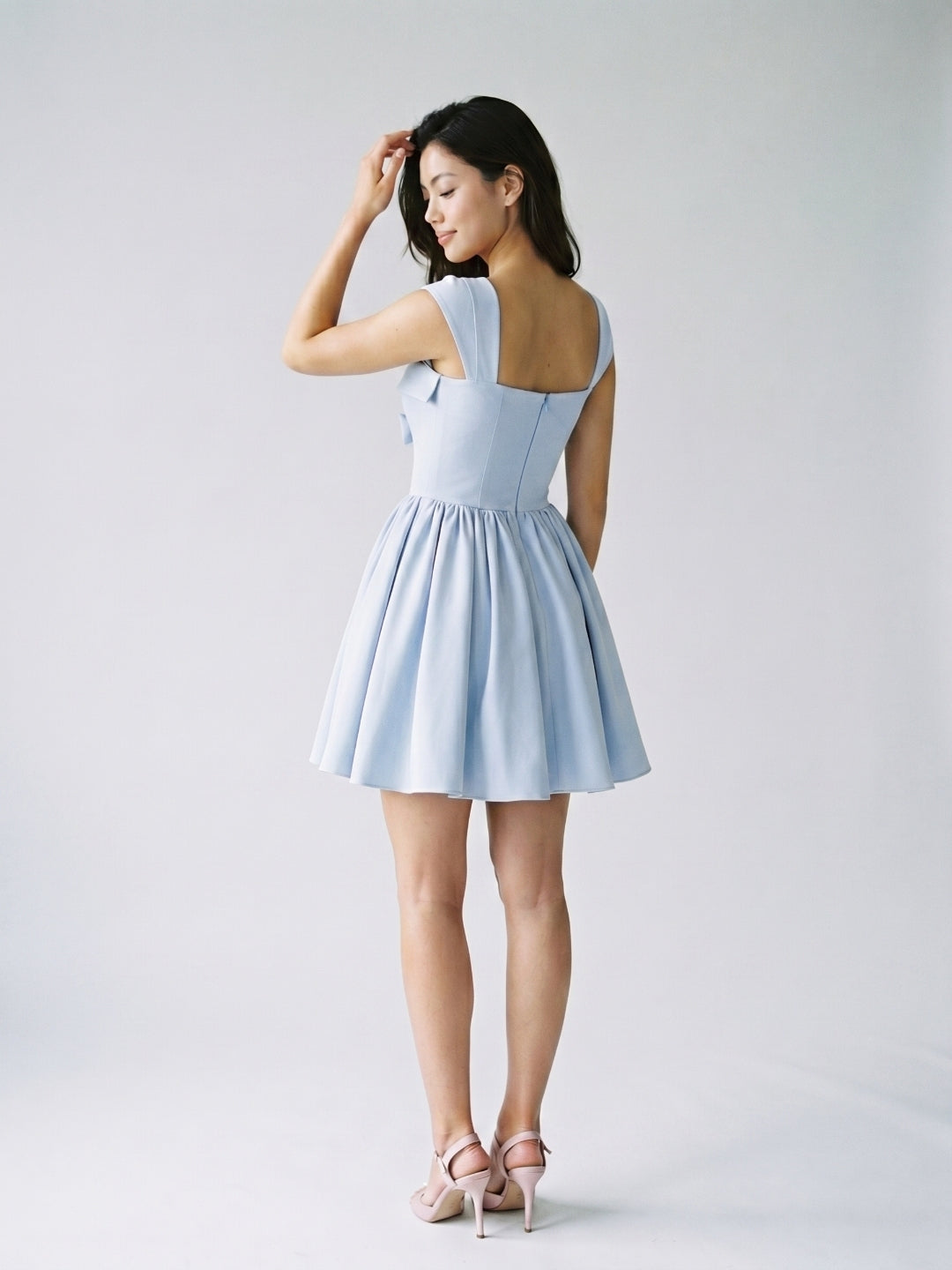 Mist Matte Satin A-Line Square Neck Lace-Up Back Short Homecoming Dress with Pleating