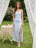 Mist Matte Satin Sheath Off-the-Shoulder Backless Asymmetrical Evening Dress
