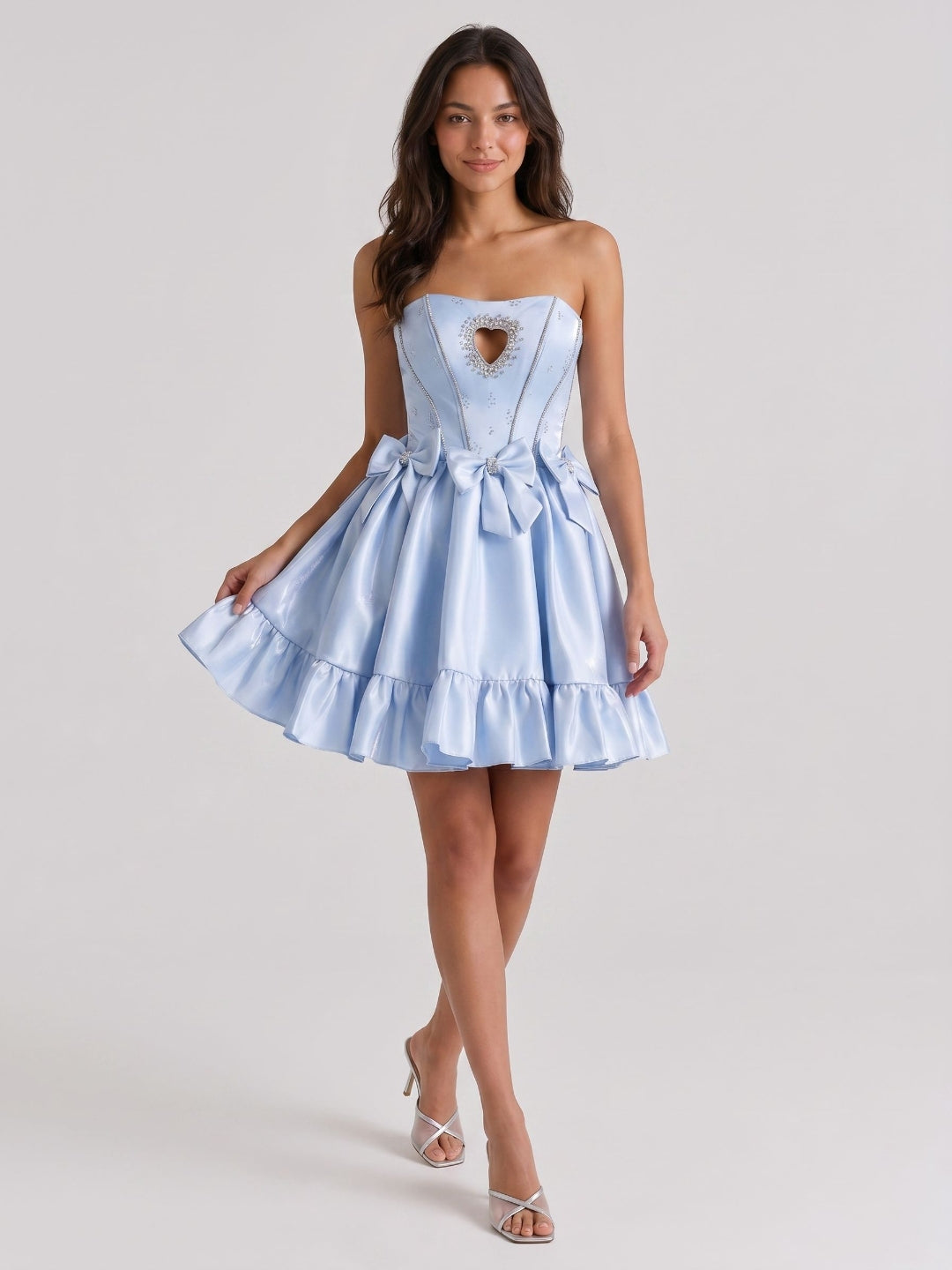 Mist Satin A-Line Straight Neck Back Zip Short Homecoming Dress with Bow