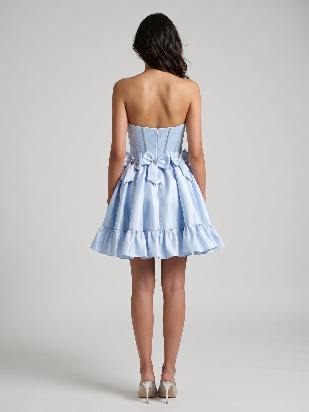 Mist Satin A-Line Straight Neck Back Zip Short Homecoming Dress with Bow