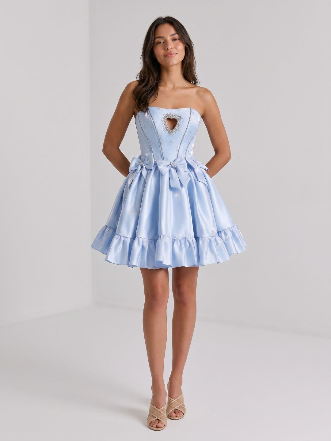 Mist Satin A-Line Straight Neck Back Zip Short Homecoming Dress with Bow