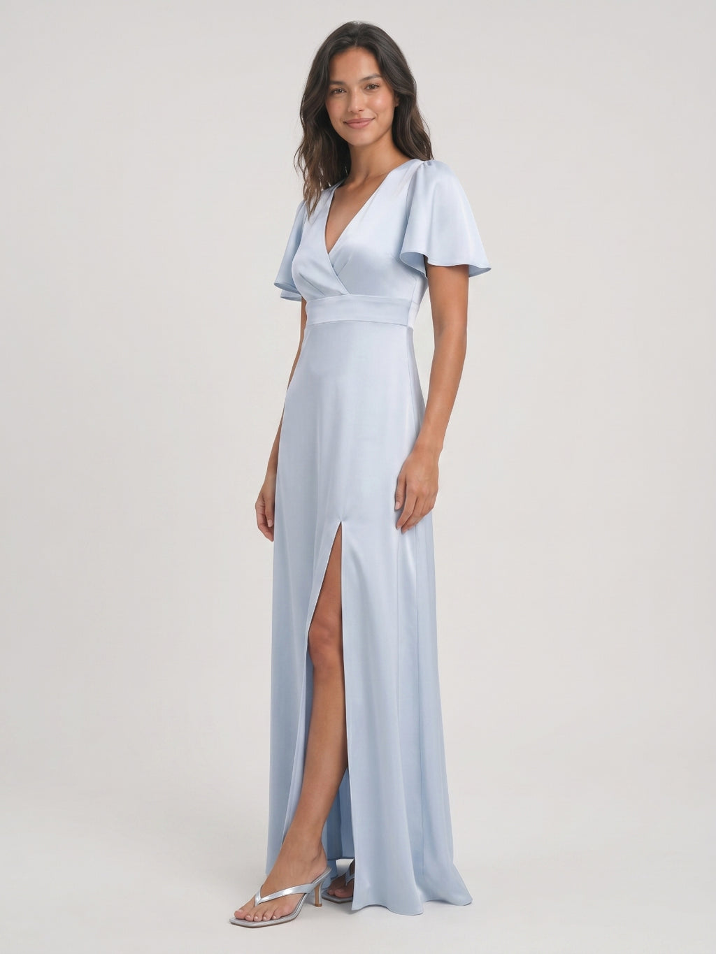 Mist Satin A-Line V-Neck Back Zip Floor-Length Bridesmaid Dress