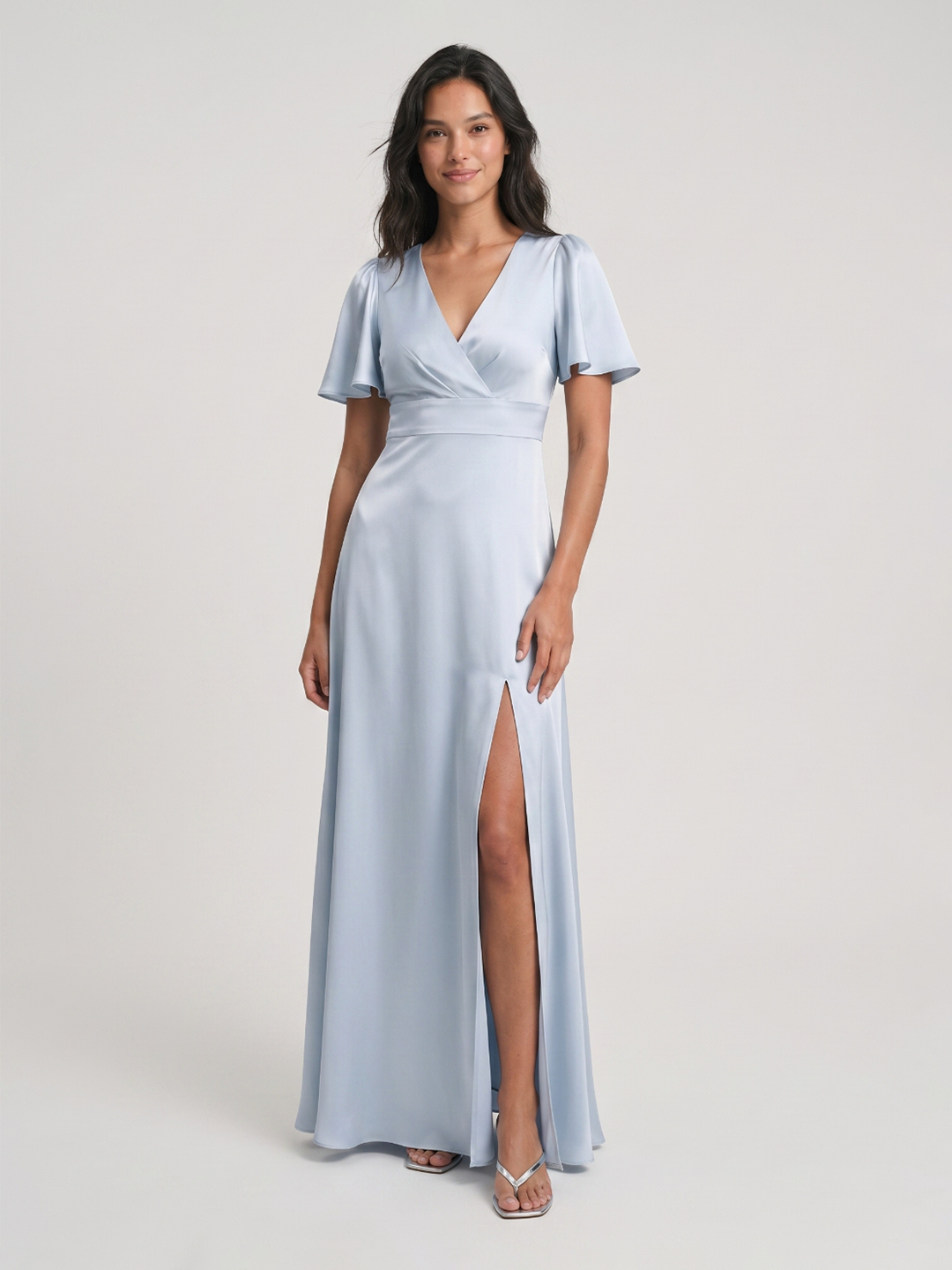 Mist Satin A-Line V-Neck Back Zip Floor-Length Bridesmaid Dress