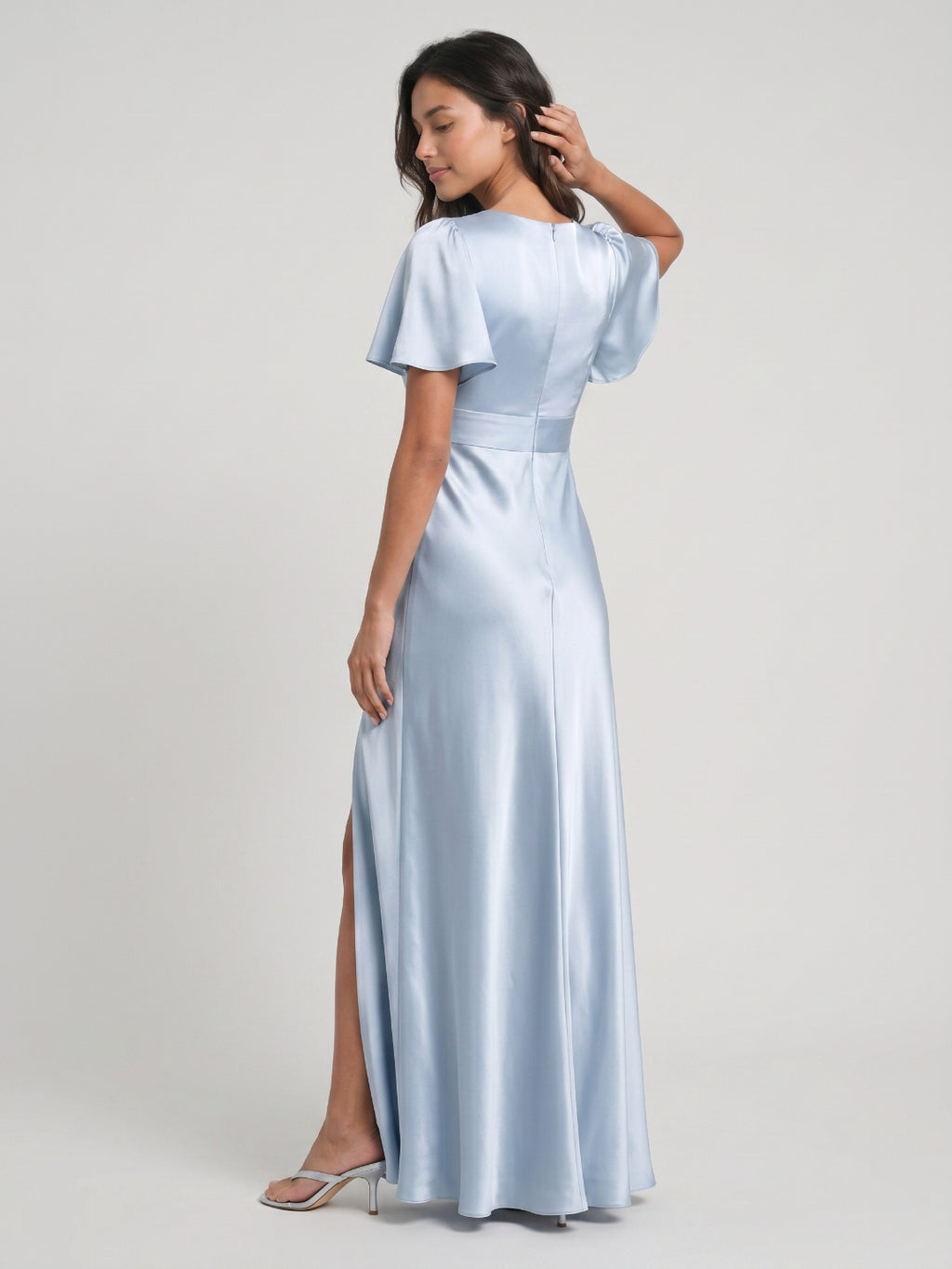 Mist Satin A-Line V-Neck Back Zip Floor-Length Bridesmaid Dress
