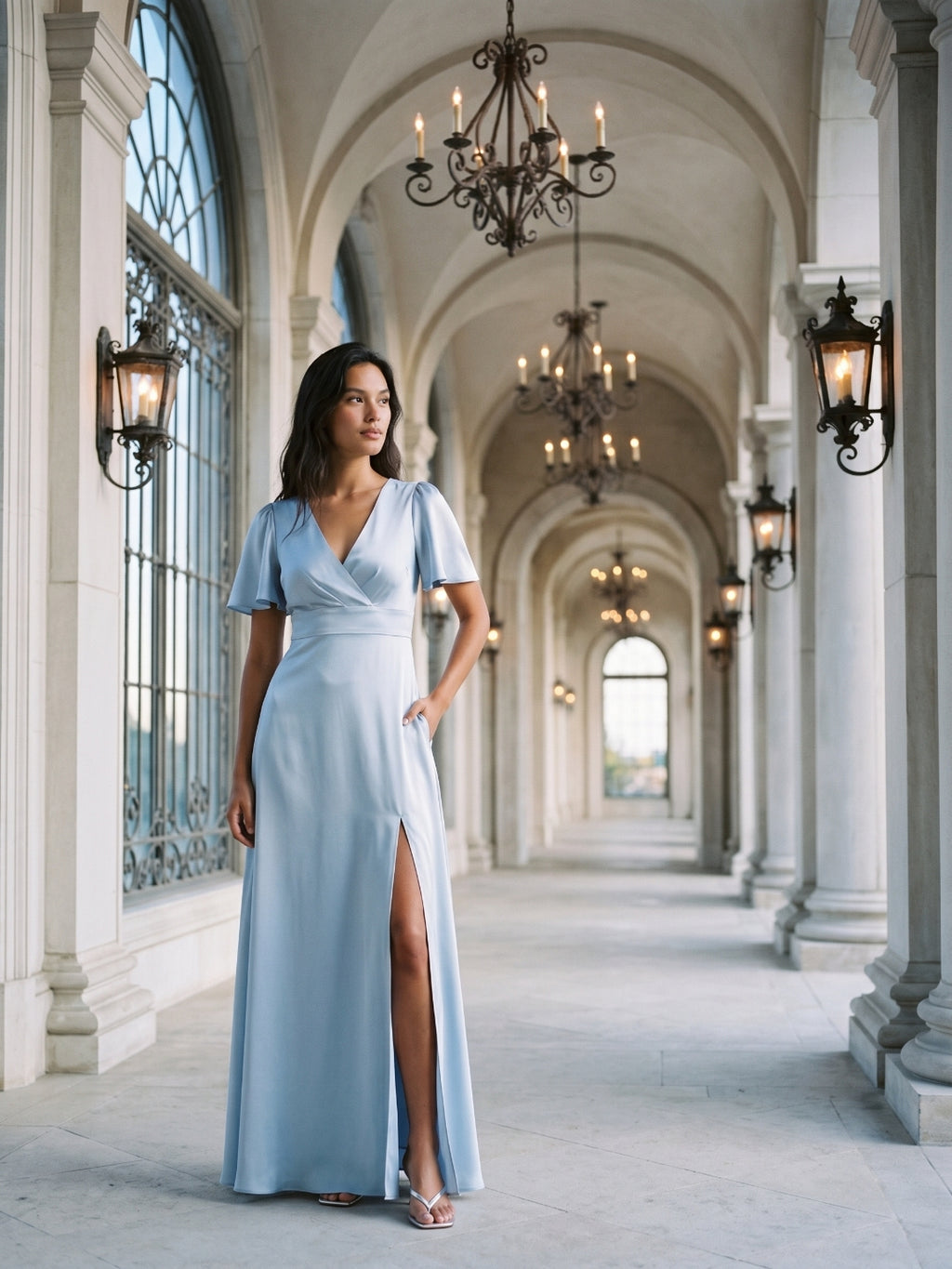 Mist Satin A-Line V-Neck Back Zip Floor-Length Bridesmaid Dress