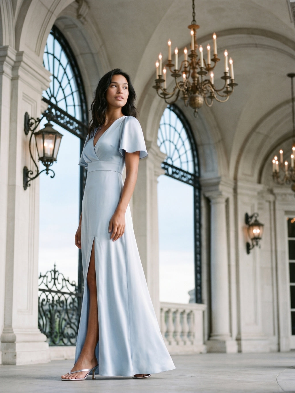 Mist Satin A-Line V-Neck Back Zip Floor-Length Bridesmaid Dress