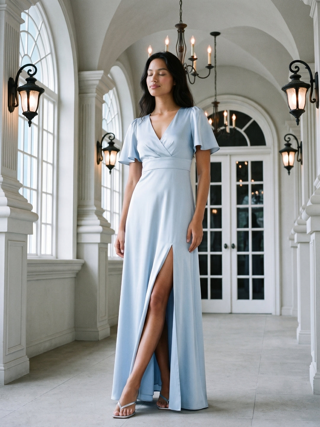 Mist Satin A-Line V-Neck Back Zip Floor-Length Bridesmaid Dress
