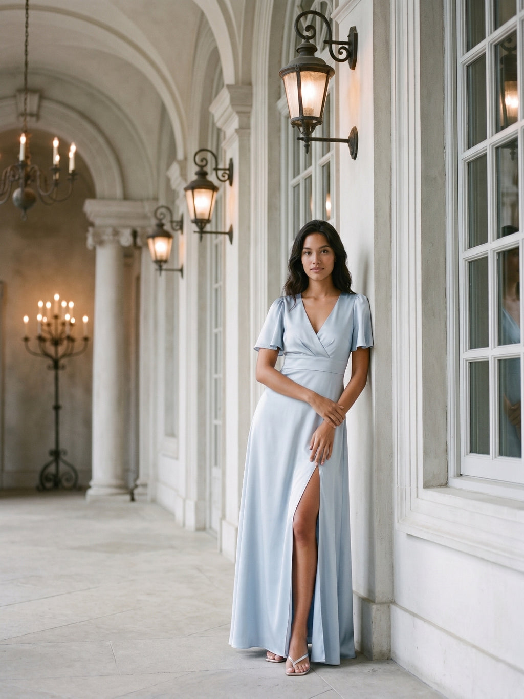 Mist Satin A-Line V-Neck Back Zip Floor-Length Bridesmaid Dress