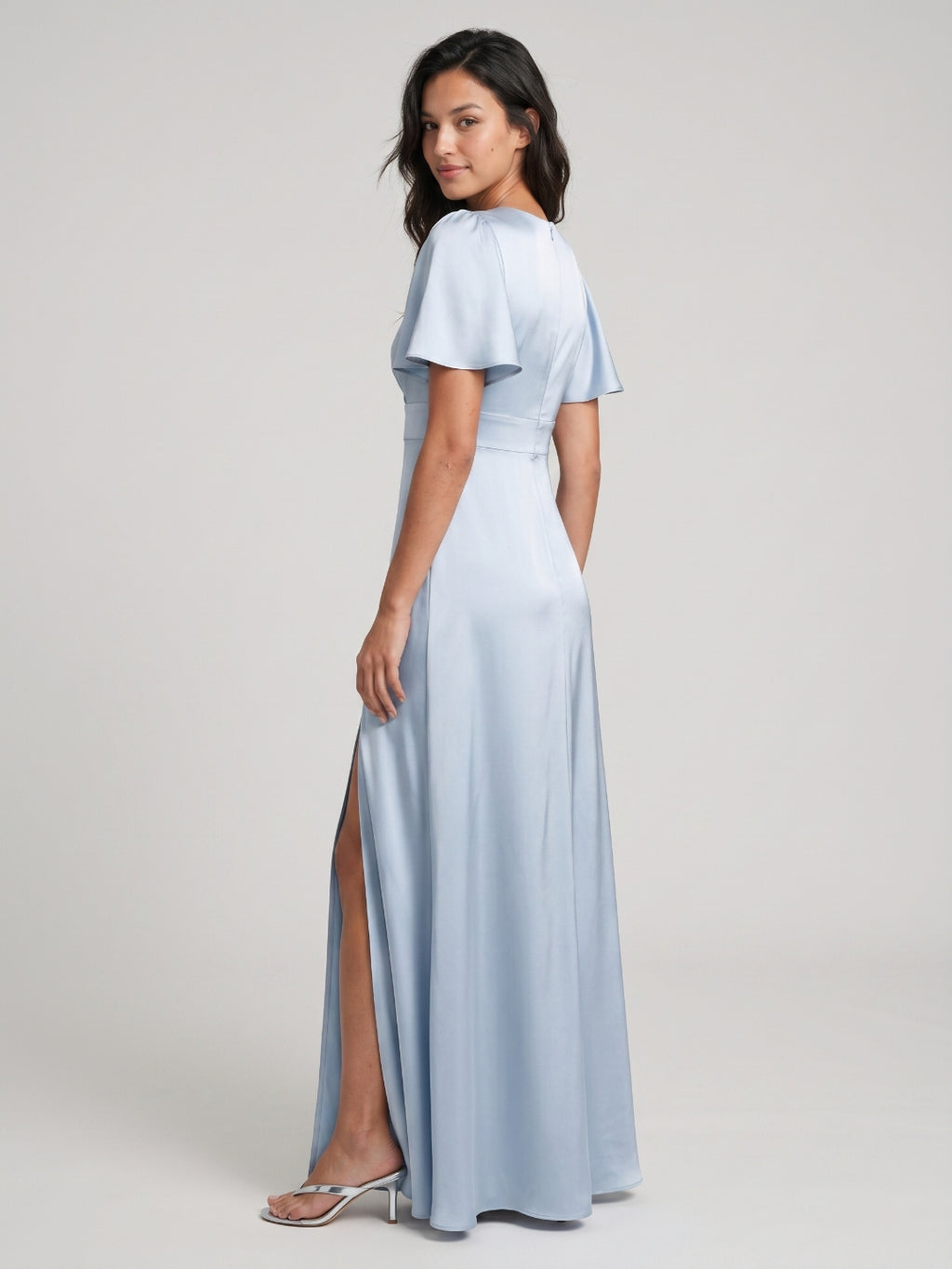 Mist Satin A-Line V-Neck Back Zip Floor-Length Bridesmaid Dress
