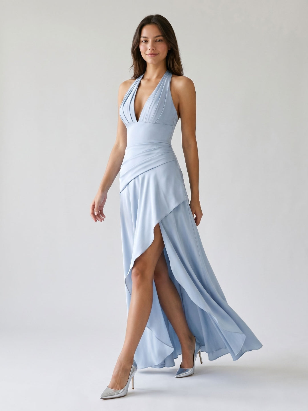 Mist Satin A-Line V-Neck Lace-Up Back Floor-Length Birthday Dress with Ruffles