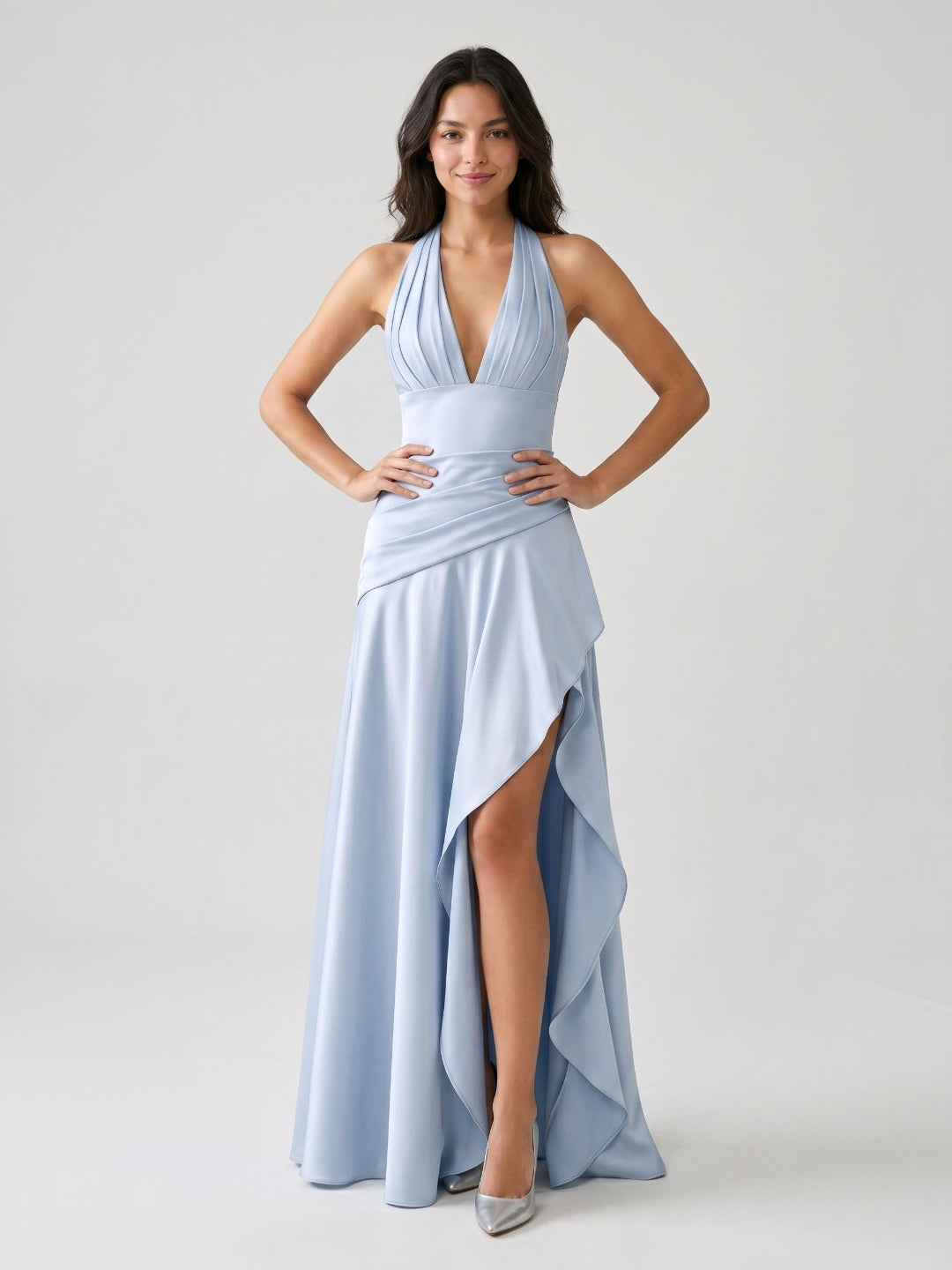 Mist Satin A-Line V-Neck Lace-Up Back Floor-Length Birthday Dress with Ruffles