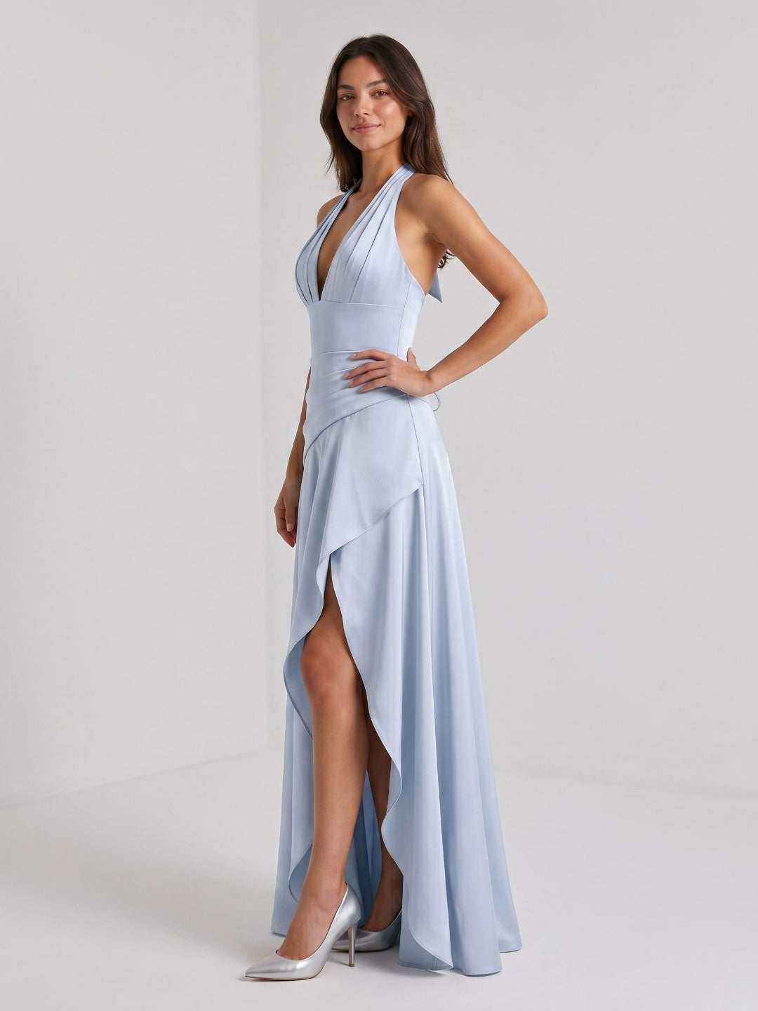 Mist Satin A-Line V-Neck Lace-Up Back Floor-Length Birthday Dress with Ruffles