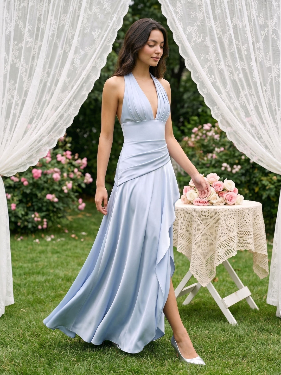 Mist Satin A-Line V-Neck Lace-Up Back Floor-Length Birthday Dress with Ruffles